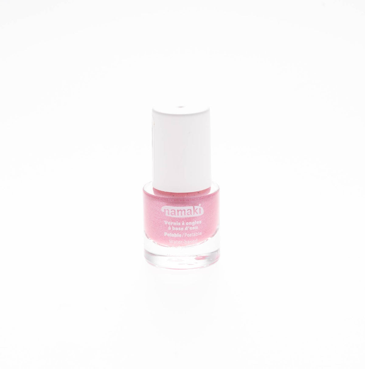 Namaki Nagellack in zartem Pink mit Glittereffekt, weißer Deckel, Packshot vor weißem Hintergrund