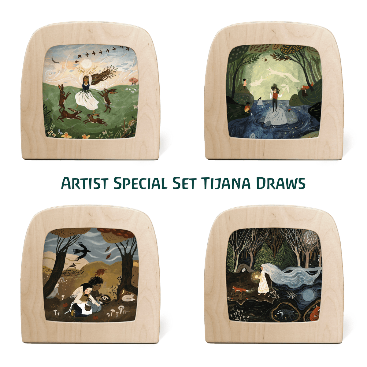 Toverlux Artist-Set Tijana Draws: vier Silhouetten mit Tänzerin und Hasen, Waldteich, Herbstszene und Winternacht