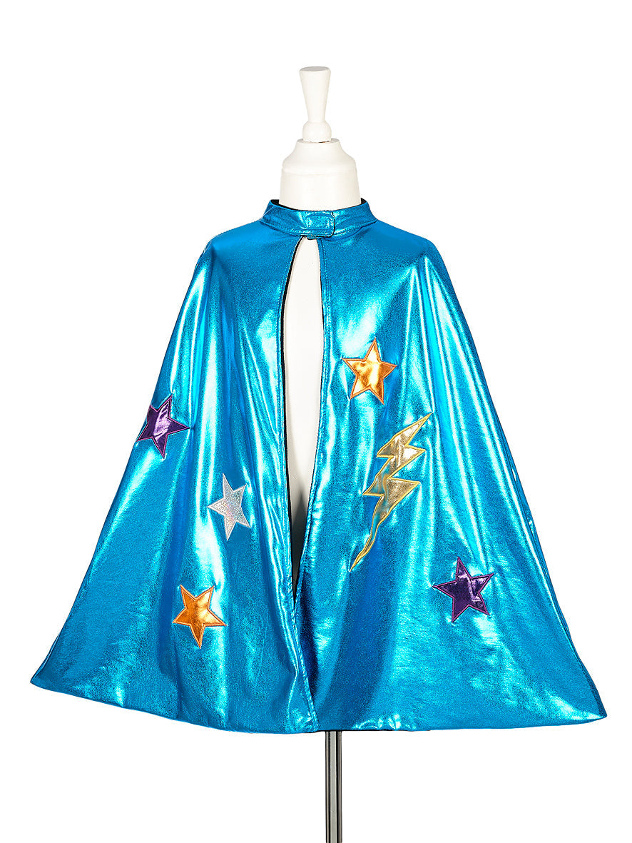 Souza Umhang in leuchtendem Blau mit silbernen, goldenen und violetten Sternen, an Schneiderpuppe aufgehängt