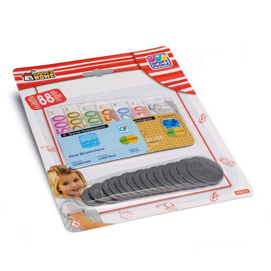 Erzi Spielgeld in der Verpackung mit Spielkarten, Euro-Scheinen und Münzen