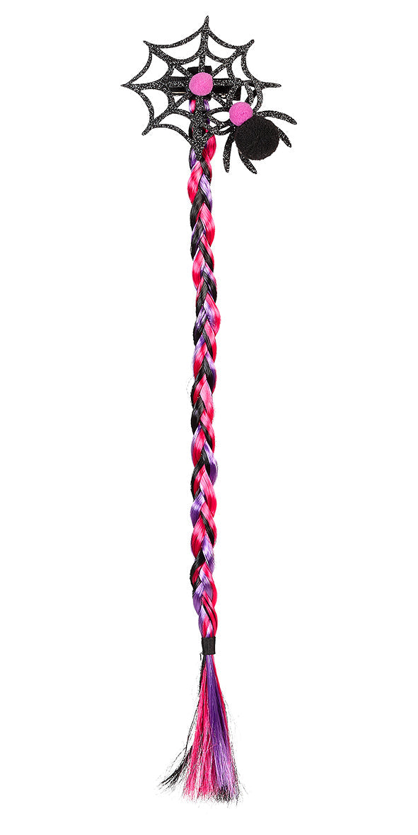Souza Haarklammer Spinne mit geflochtenem Stiel in Rosa, Schwarz und Lila, schwarzem Spinnennetz und zwei rosa Pompons