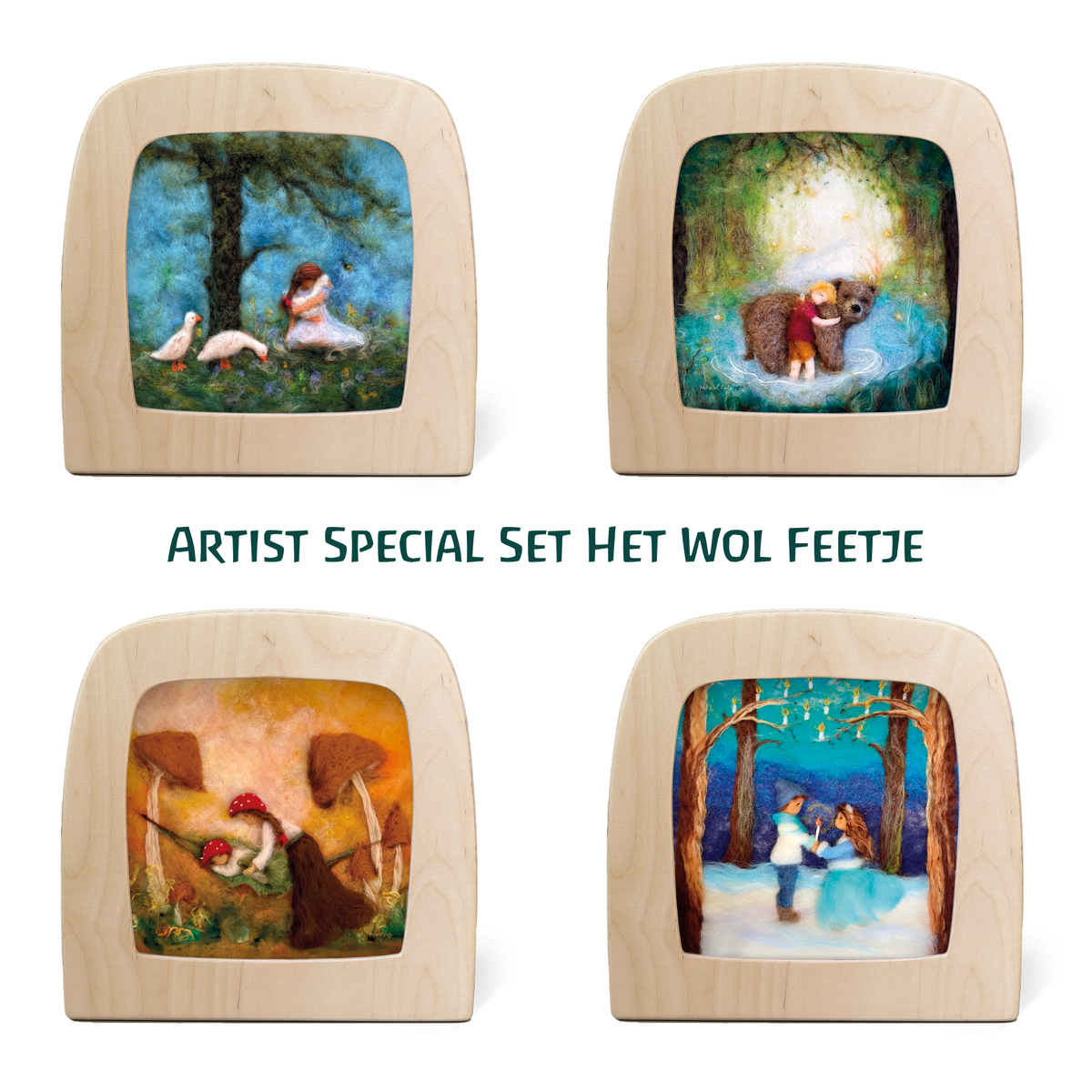 Toverlux Artist-Set Het Wol Feetje: vier Silhouetten mit Kind und Gänsen, Kind und Bär, Pilzwichteln und Kindern im Schnee