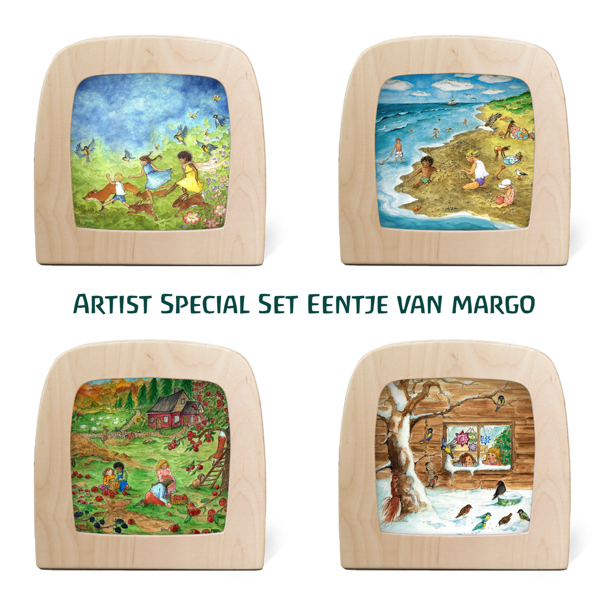 Toverlux Artist-Set Eentje van Margo: vier Silhouetten mit Frühlingswiese, Strand, Apfelernte und Vögeln im Schnee