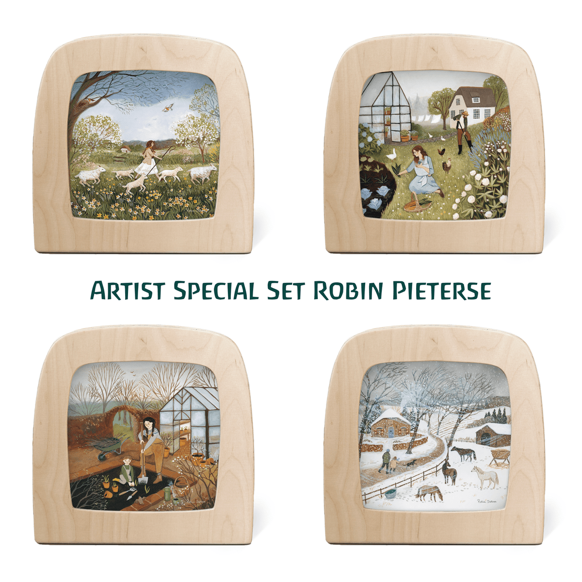 Toverlux Artist-Set Robin Pieterse: vier Silhouetten mit Hirtin und Schafen, Garten, Gewächshaus und verschneitem Hof