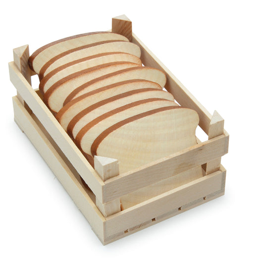 Erzi Holz-Toastbrotscheiben in einer Holzkiste gestapelt, Packshot