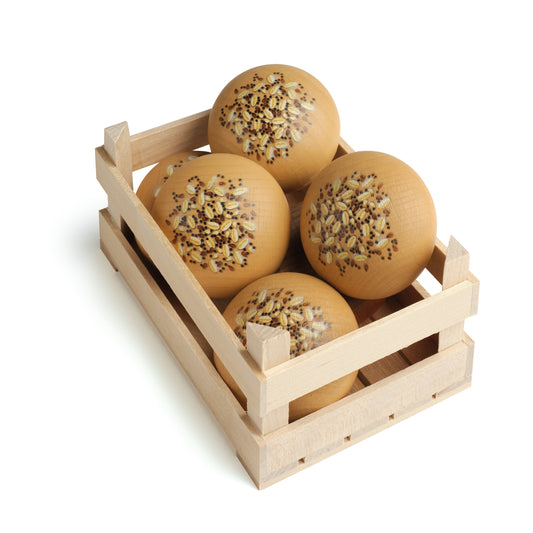 Erzi Holz-Körnerbrötchen mit aufgemalten Körnern in einer hellen Holzkiste