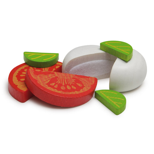 Erzi Mozzarella und Tomate: Tomatenscheiben, Mozzarella zum Schneiden und Basilikumblätter aus Holz