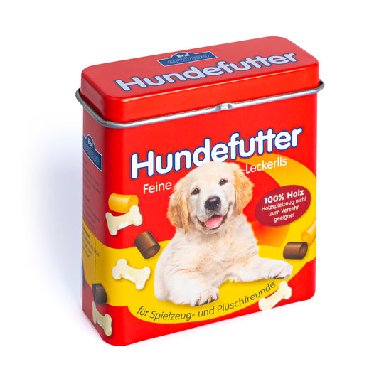 Erzi Hundefutter in der Dose, geschlossene rote Blechdose mit Hundemotiv, Packshot