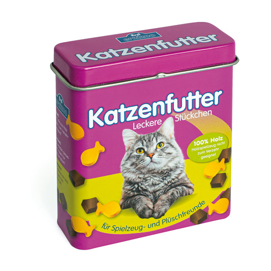 Erzi Katzenfutter in der Dose, geschlossene violette Blechdose mit Katzenmotiv, Packshot