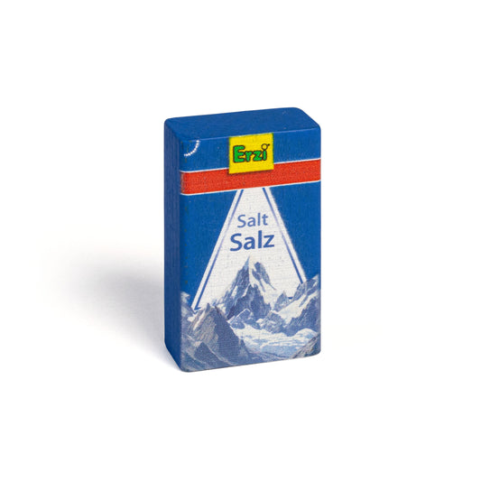 Erzi Holz-Salz, blaue Salzpackung mit Bergmotiv, seitlich fotografiert