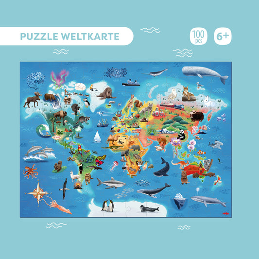 Haba Weltkarten-Puzzle mit bunter Illustration von Kontinenten, Tieren und Schiffen auf blauem Grund