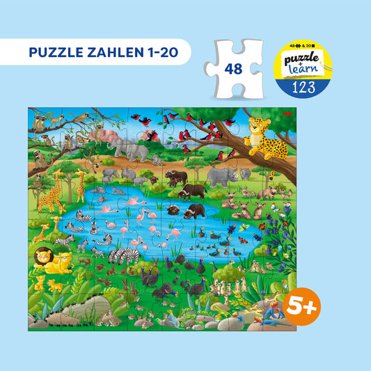 Haba Puzzle Zahlen 1-20 zusammengesetzt, Dschungelszene mit Tieren, Wasser und Pflanzen