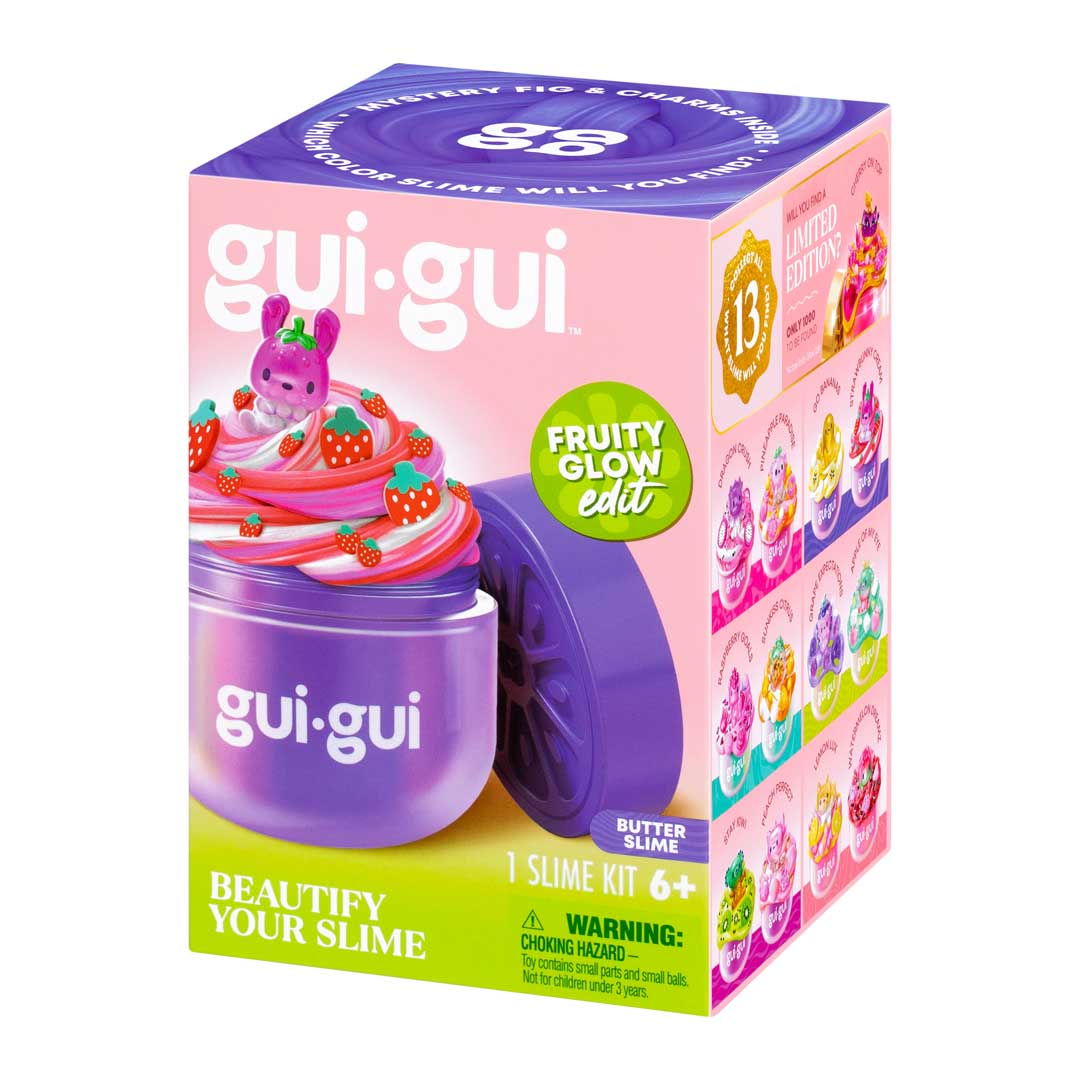 gui.gui Butter Slime Verpackung Übersicht mit violettem Behälter, rosa-rotem Frucht-Topping und lila Deckel von der Seite
