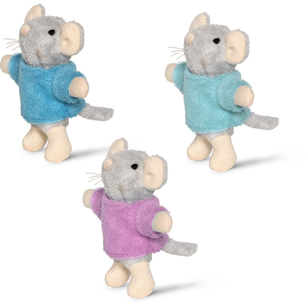 Drei kleine Plüschmäuse The Triplets von Sam & Julia, je 8 cm groß, aus Baumwoll-Polyester