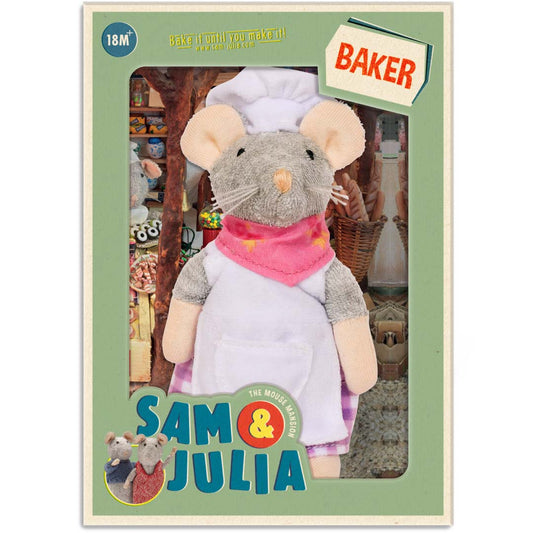 Plüsch-Maus Bäckerin von Sam & Julia, 12 cm groß, aus weicher Baumwolle und Polyester
