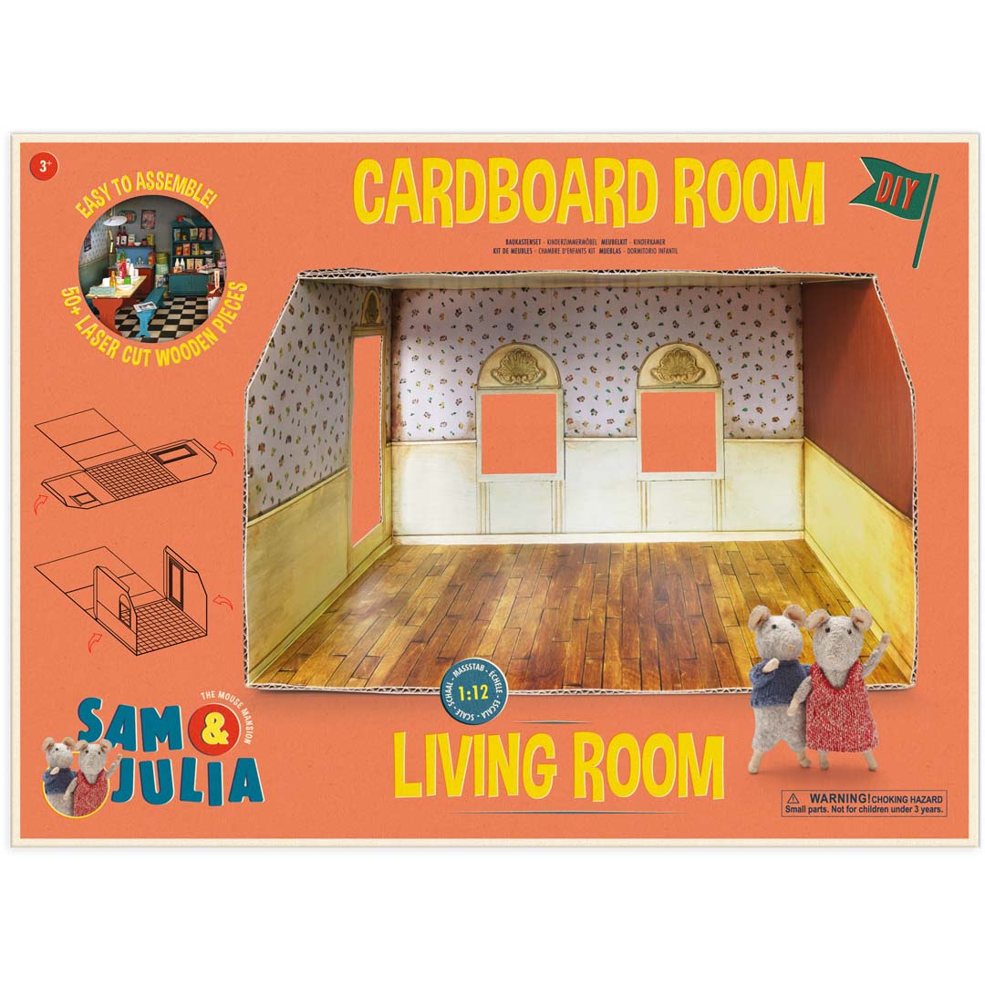 Karton-Wohnzimmer Sam & Julia mit bedruckten Wänden und Möbel-Platzierungsflächen