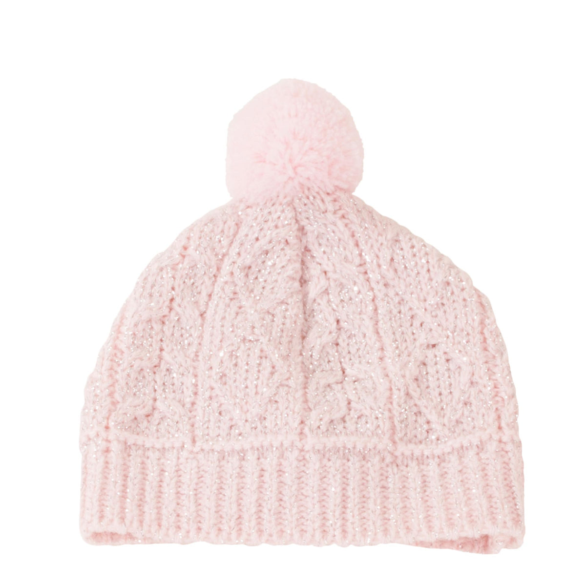 Götz Strickmütze Glitzerzopf in zartem Rosa mit Zopfmuster, Bündchen und Bommel, Packshot vor weißem Hintergrund