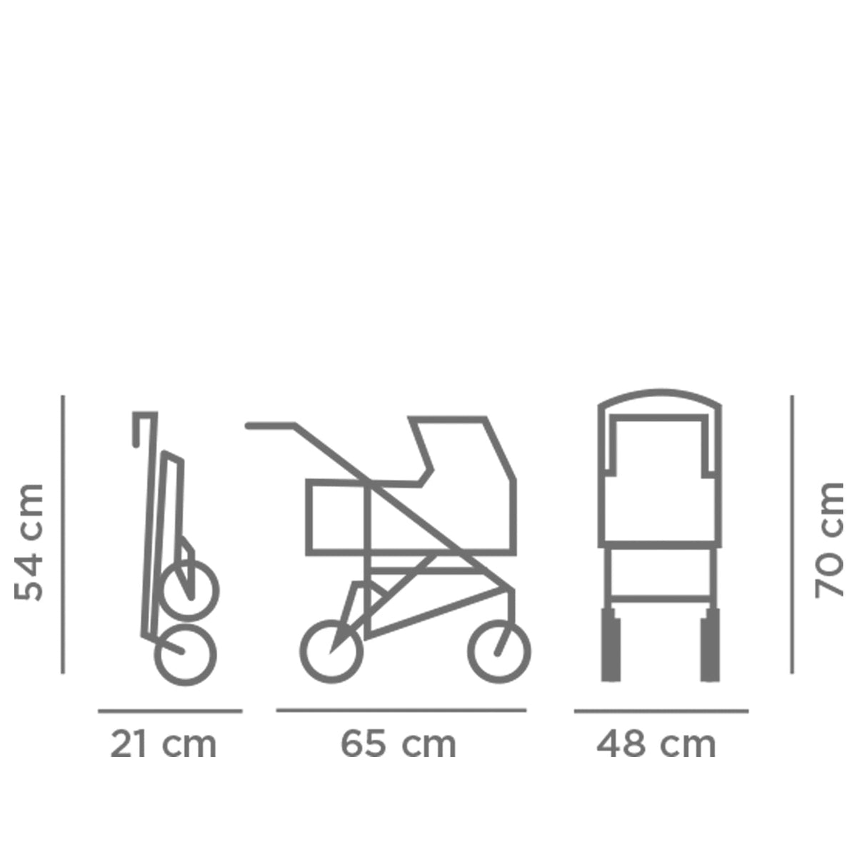 Götz Puppenwagen 2 in 1 Soft Mood: Maßzeichnungen der drei Konfigurationen mit Höhen- und Breitenangaben in Zentimetern