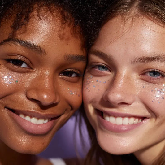 Zwei lächelnde Mädchen mit glitzernden Sommersprossen-Tattoos im Gesicht, links ein dunkler Hautton, rechts heller Hautton