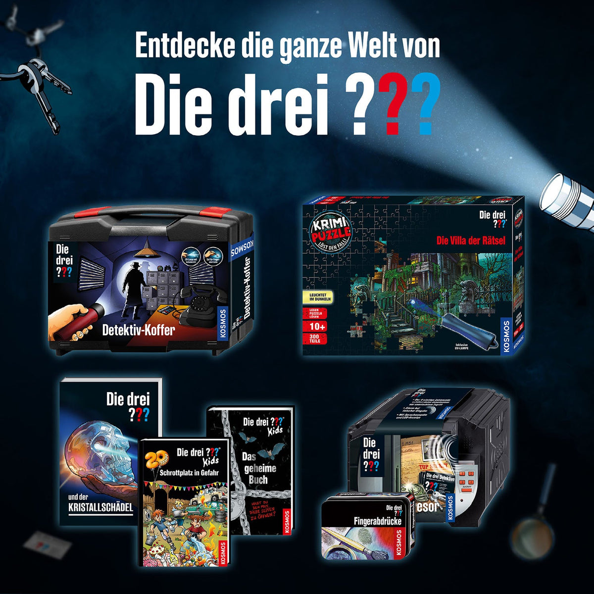 Kosmos Die drei ??? Spardose und andere Produkte der Serie auf dunkelblauem Hintergrund