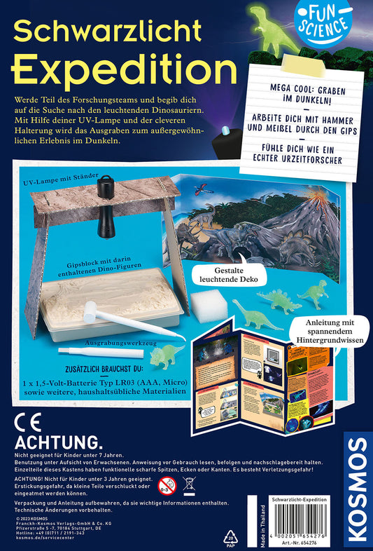 Kosmos Schwarzlicht-Expedition Packungsrückseite mit Anleitung und Experimentierset-Komponenten