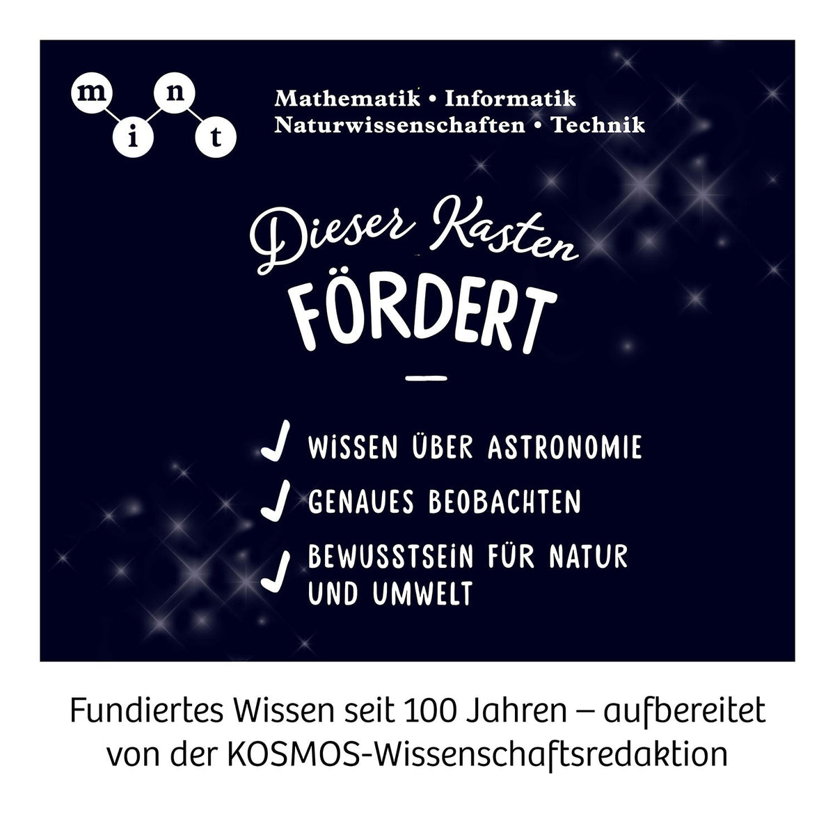 Kosmos Zimmer-Planetarium Verpackung mit Überschrift und Themen zu Astronomie, Naturwissenschaften und Umweltbewusstsein
