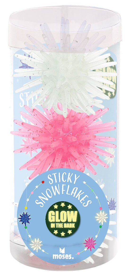 Moses Sticky Snowflakes in durchsichtiger Dose, weiße und pinke Glitzer-Schneeflocken