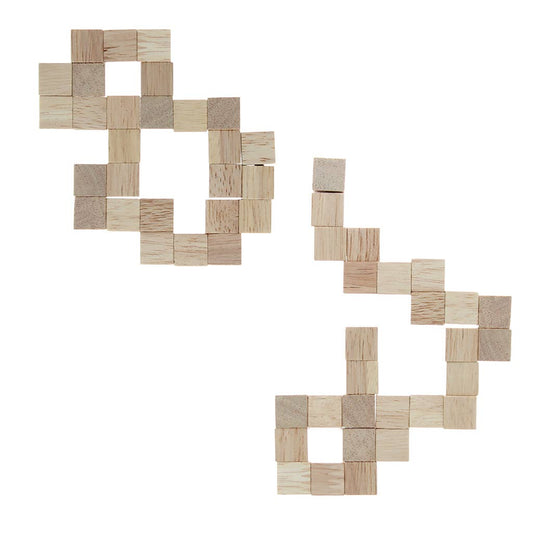 Rex London Holzwürfel-Puzzle auseinandergefaltet: zwei Ketten aus verbundenen hellen Holzwürfeln