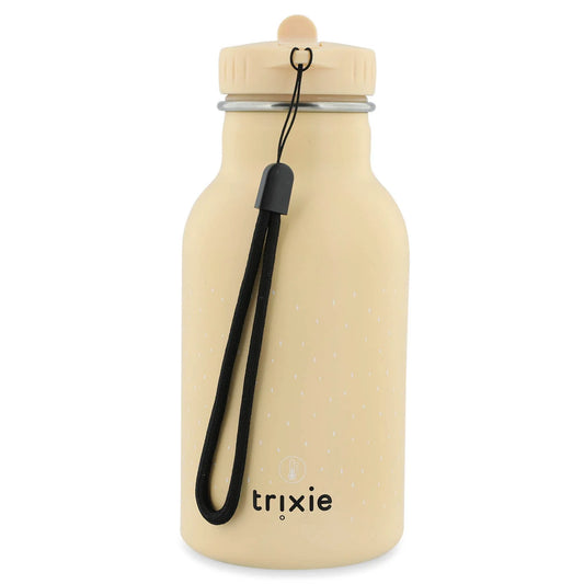 Trixie Thermo-Trinkflasche in Creme mit schwarzer Trageschlaufe und Holzdeckel, Frontansicht mit Logo