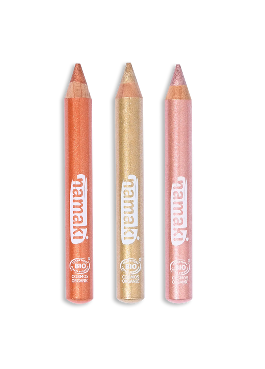 Namaki Glitzer-Schminkstifte, drei Stifte in Orange, Goldgelb und Rosa mit spitzer Glitzer-Spitze