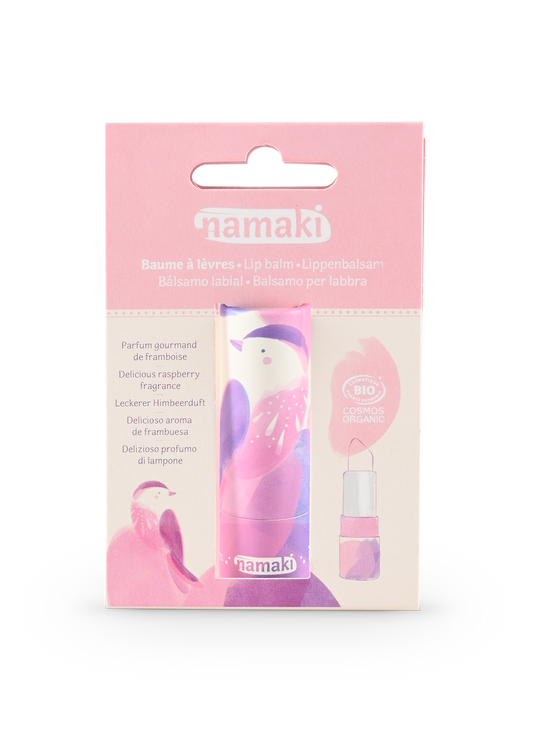 Namaki Lippenbalsam Himbeere in Verpackung mit rosa-violettem Balm-Stick und rosa BIO-Siegel auf der rechten Seite
