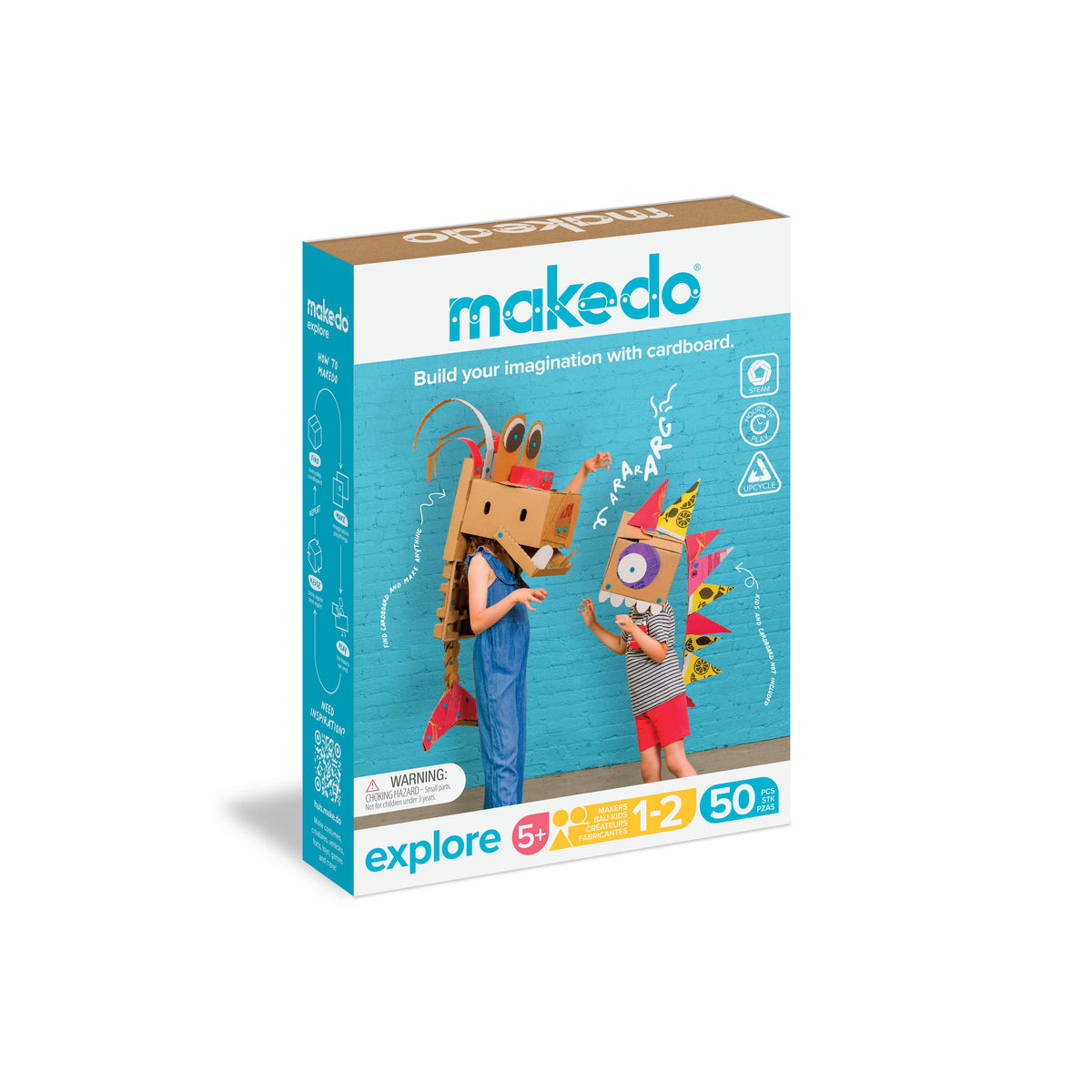 Makedo Explore Kit Verpackung mit Kind und selbstgebauten Kartonfiguren aus bedrucktem Karton und türkisen