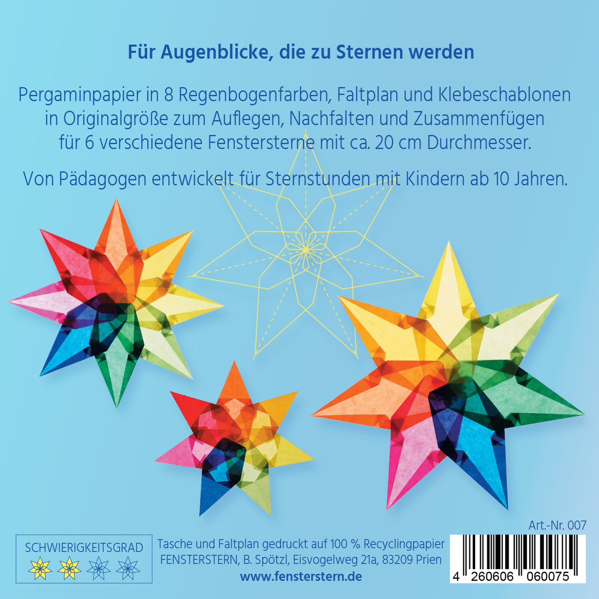 Packungsrückseite mit drei Regenbogensternen, einer Faltskizze und der Produktbeschreibung