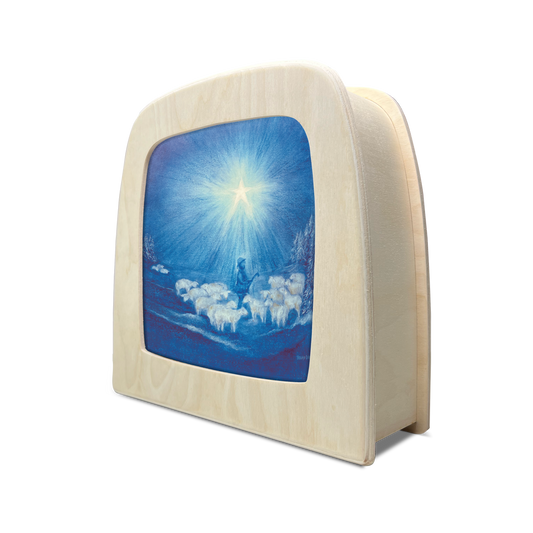 Toverlux Holzlampe von der Seite mit der Silhouette Guiding Star, Hirte und Schafe unter dem Stern