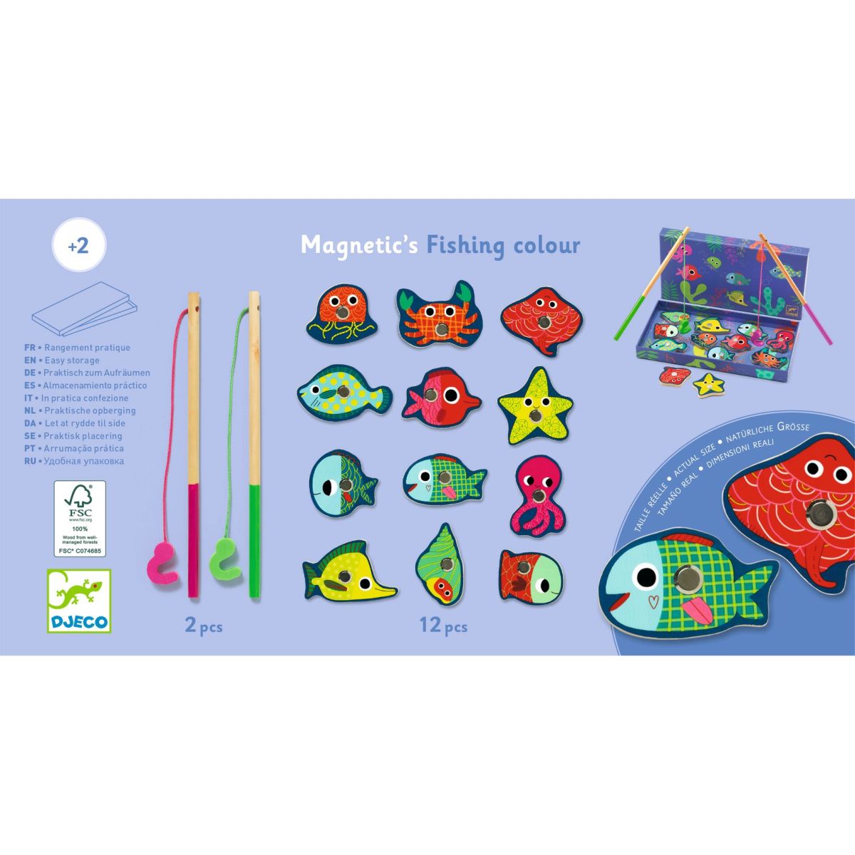Djeco Magnetisches Angelspiel mit zwei Angeln, zwölf bunten Holzfischen und Spielfeld auf blauem Untergrund