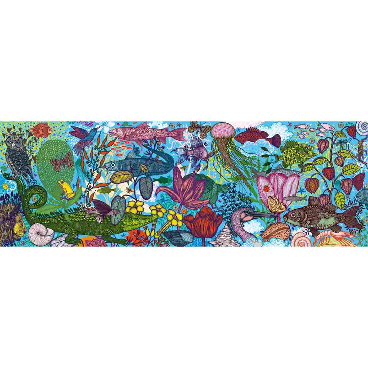 Djeco Gallery-Puzzle Land and Sea mit bunten Illustrationen von Fischen, Vögeln und Landtieren auf blauem Grund