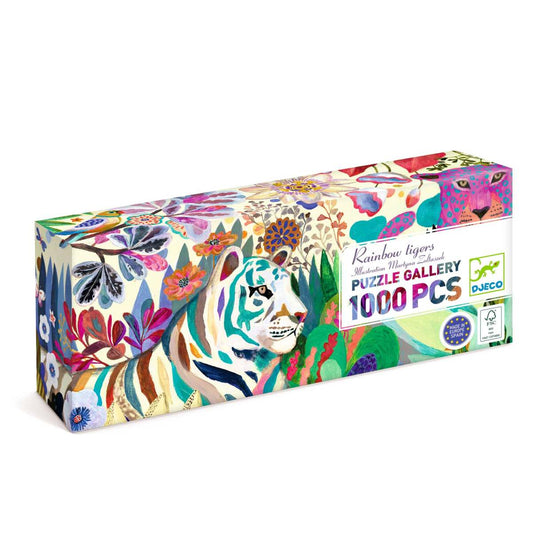 Verpackung des Djeco Puzzle Gallery Rainbow Tigers 1000 Teile mit buntem Tigergesicht und floralen Mustern