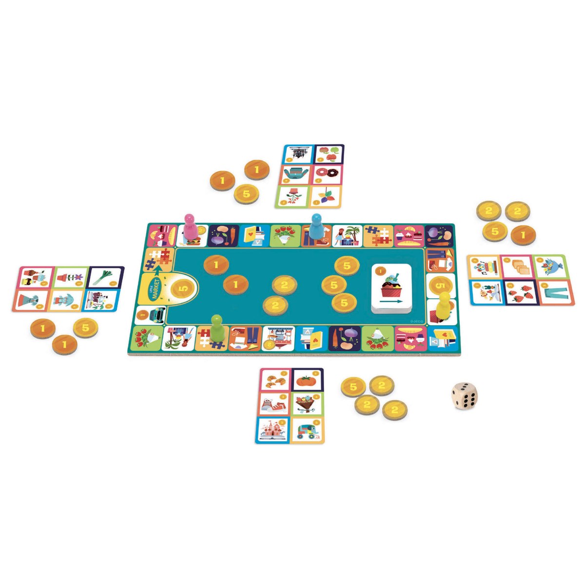 Djeco P'tit Market Spielaufbau mit türkisblauem Spielplan, Bildkarten und goldenen Spielmünzen