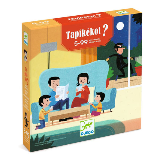 Verpackung Djeco Tapikékoi mit Illustration einer Familie im Wohnzimmer und Einbrecher am Fenster