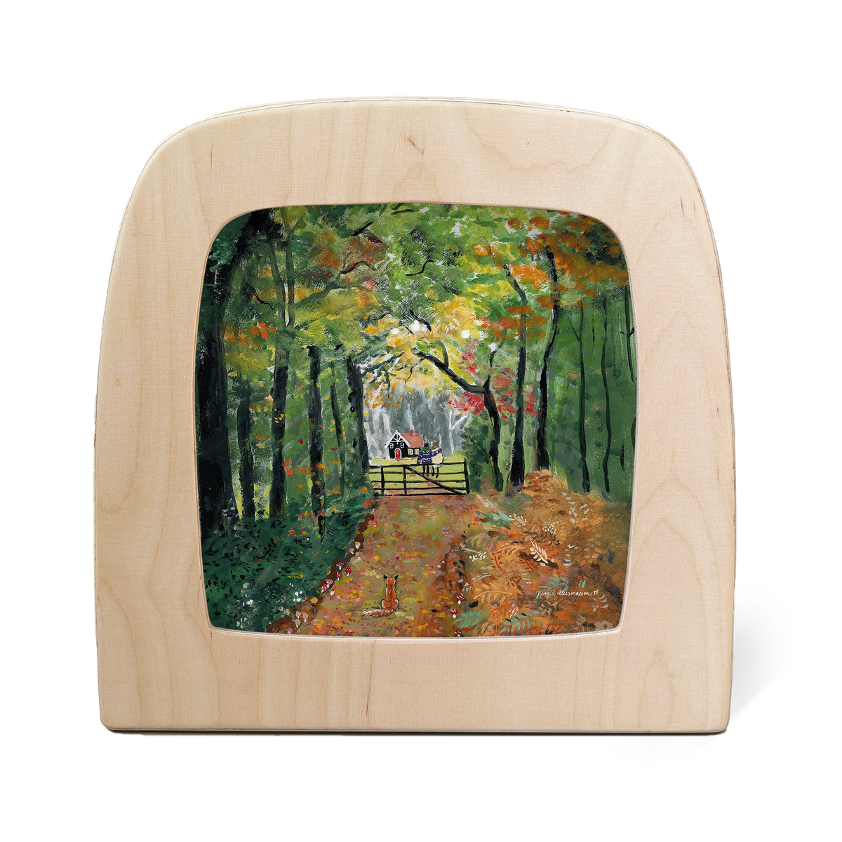 Toverlux Silhouettenlampe mit Herbstwald-Motiv, helles Holzgehäuse mit Waldweg und Bäumen