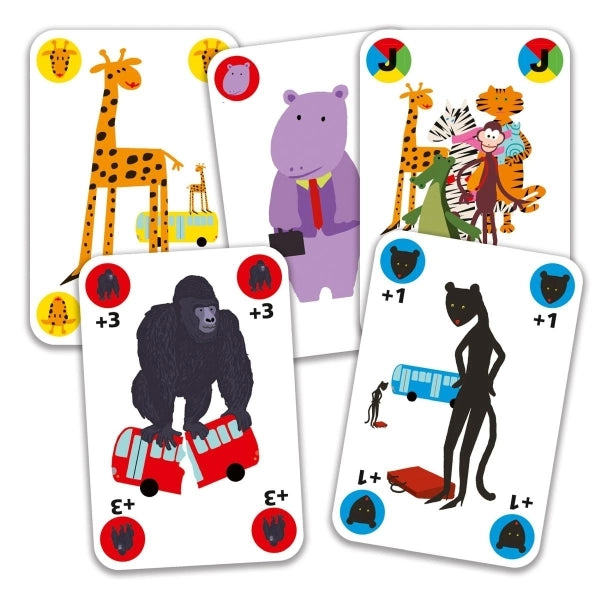 Djeco Kartenspiel Gorilla mit bunten Tiermotiven auf robusten Spielkarten