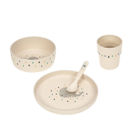 Kindergeschirr-Set Lässig Little Water mit Teller, Schüssel, Becher und Löffel in Blautönen mit Wal-Motiv