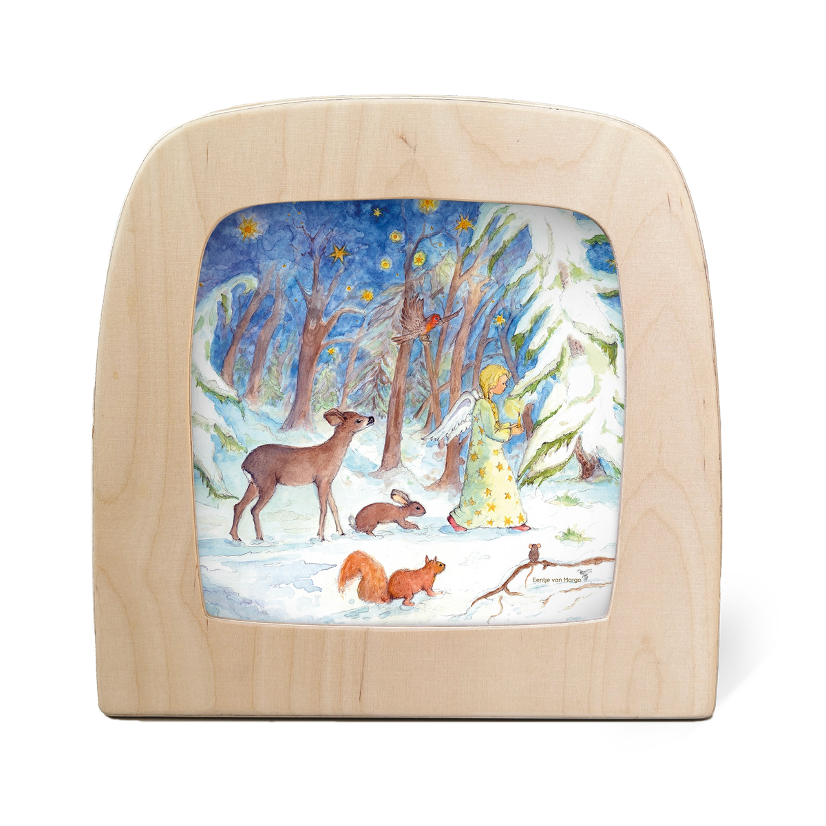 Toverlux Silhouettenlampe mit Holzrahmen, Winterwald mit Hirsch, Hasen, Füchsen und Kind unter Bäumen