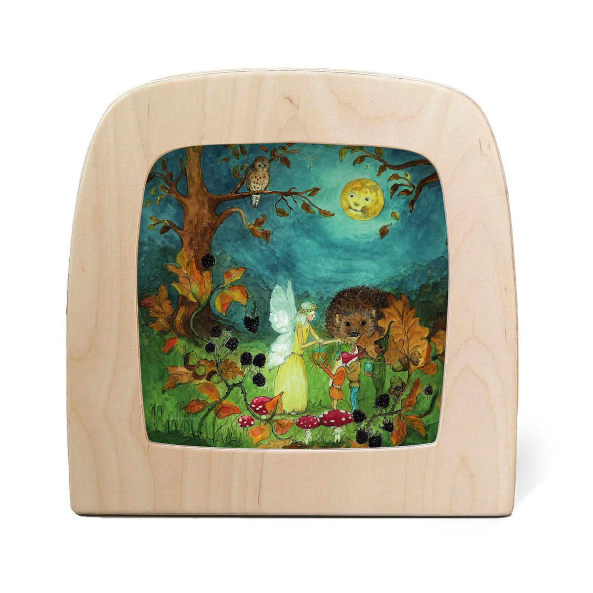 Toverlux Silhouettenlampe mit Holzrahmen, leuchtende Waldszene mit Fee, Pilzen und Tieren