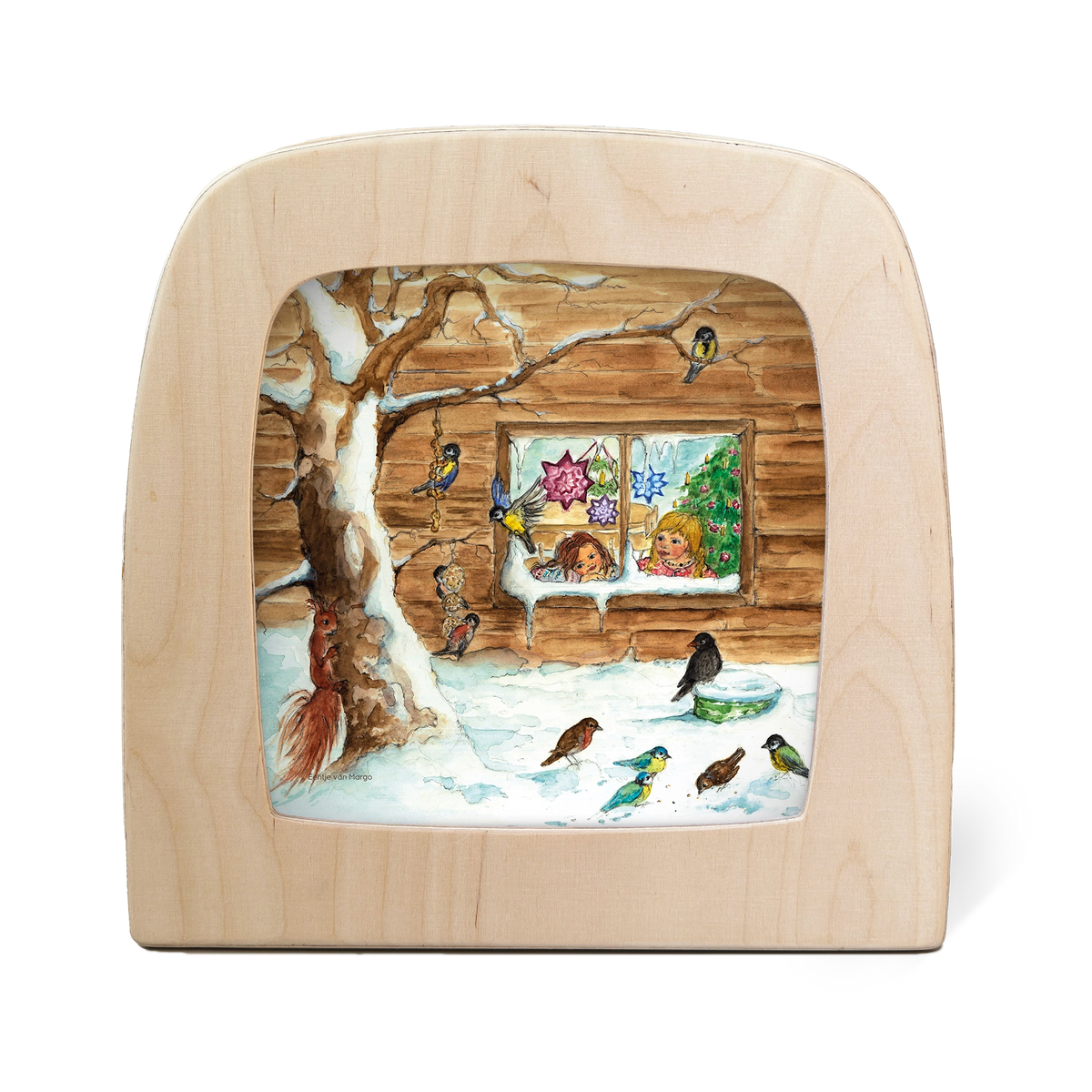 Toverlux Silhouettenlampe mit Waldszene, schneebedeckter Landschaft, Baum und mehreren Vögeln im Holzrahmen