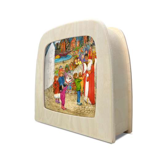 Toverlux Holzlampe von der Seite mit der Silhouette Anticipation, Sinterklaas und Kinder