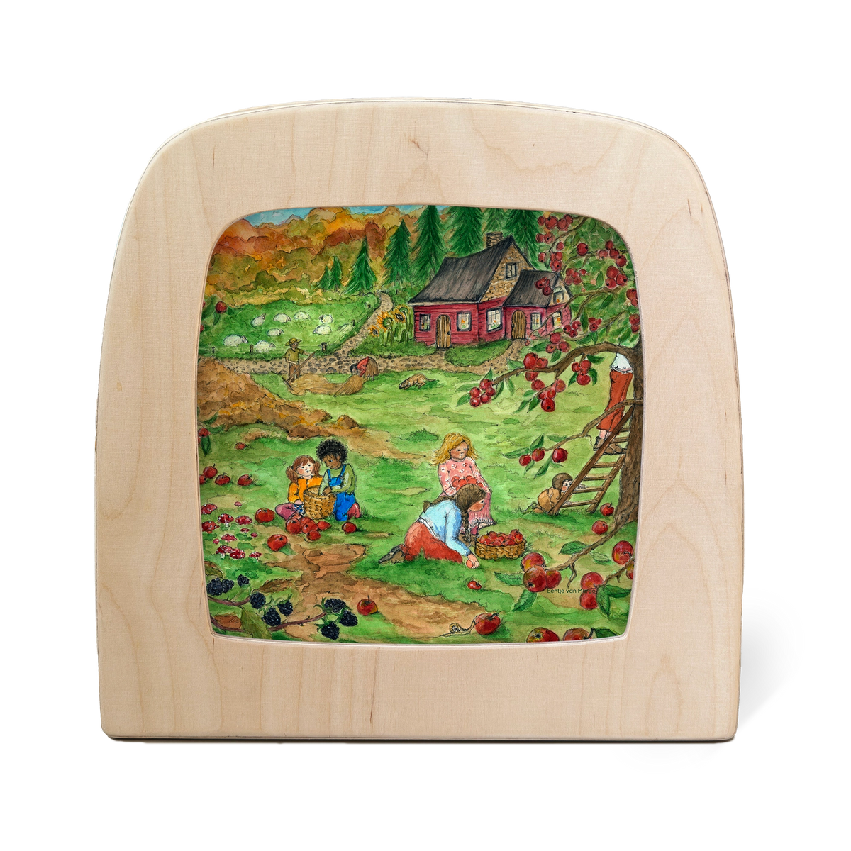 Toverlux Silhouettenlampe mit bemaltem Motiv einer roten Hütte, Kindern und Beerensträuchern, helles Holzgehäuse