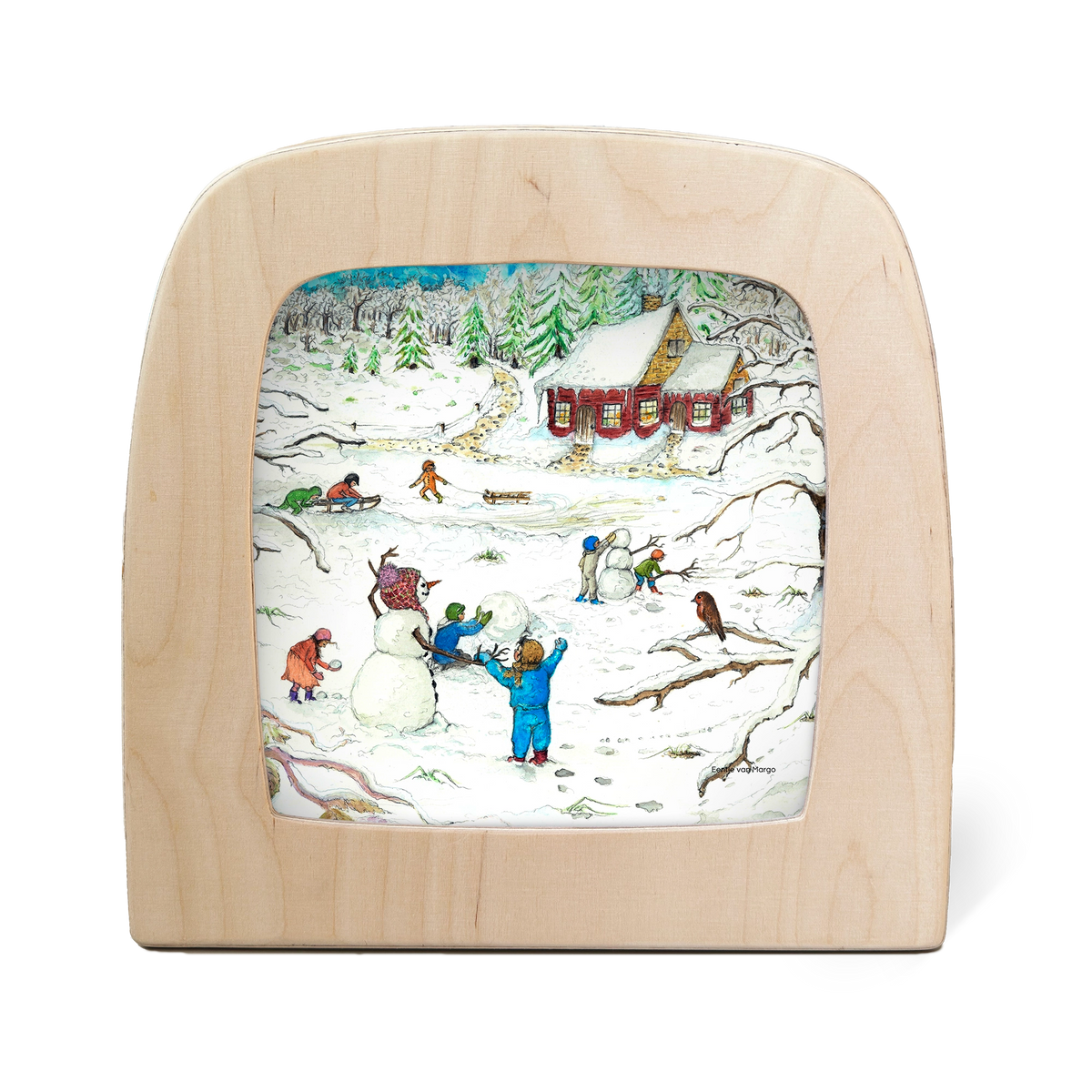 Toverlux Silhouettenlampe aus hellem Holz mit winterlichem Motiv, Kinder spielen im Schnee vor verschneitem Haus