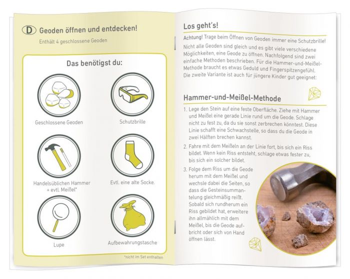 Geoden-Entdecker-Set Moses mit Rohsteinen, Schutzbrille und Werkzeugen zum Aufbrechen