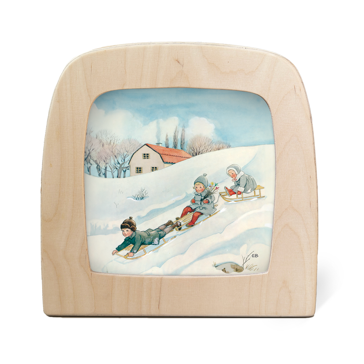 Toverlux Silhouettenlampe Februar, Holzrahmen mit Winterszene: Kinder beim Schlittenfahren vor schneebedecktem Haus